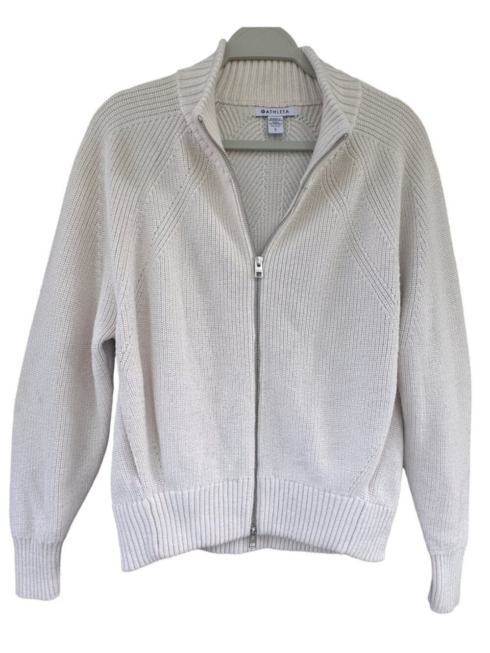 Athleta Womens Size L Ivory Full Zip Ribbed Knit Cotton Sweater Layer